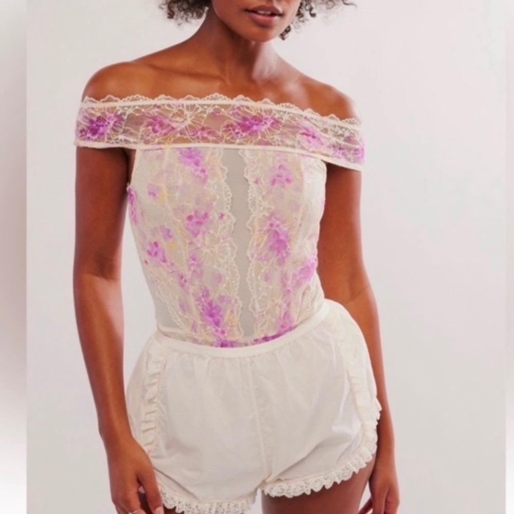 Free People Spring Soiree Printed Bodysuit Floral Lace Off the Shoulder Femme